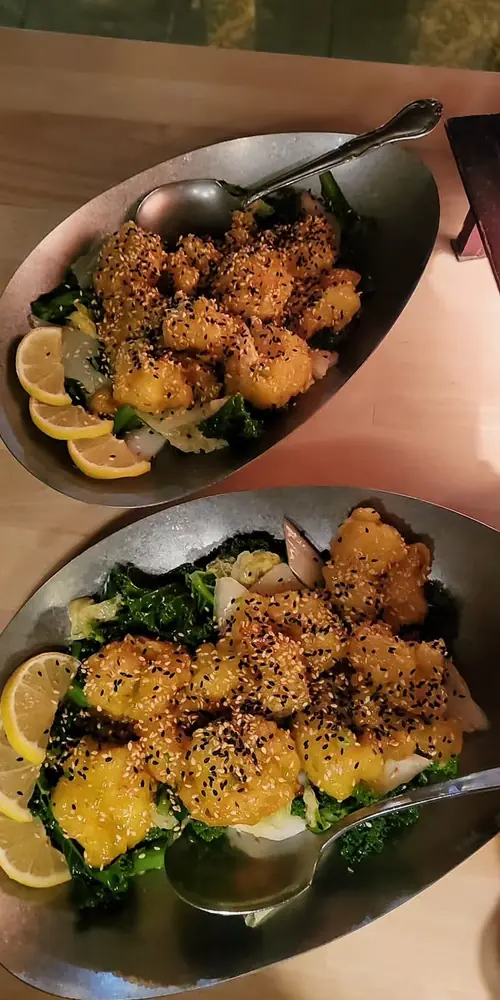 Lemon Sesame Shrimp on a bed of poached choy ❤️