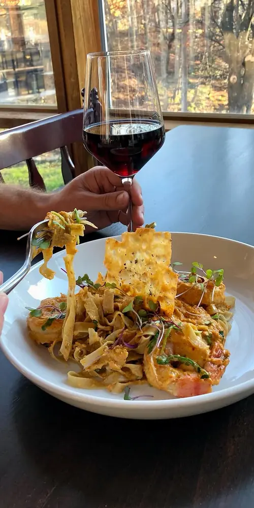 Golden Hour Pasta β¨ Sun-dried Tomato Shrimp with a cream sauce over @trenchersfarmhousevt Fettuccine